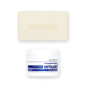 Dies ist ein Bild der EMUAID® Regular First Aid Ointment 2oz und der EMUAID® Therapeutic Moisture Bar.  