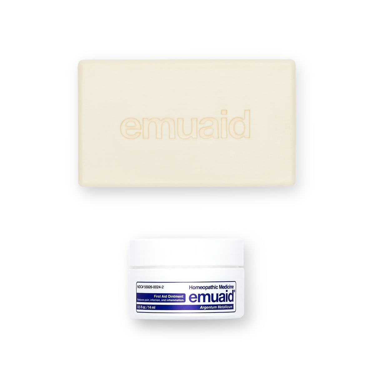 Dies ist ein Bild der EMUAID® Regular First Aid Ointment 0.5oz und der EMUAID® Therapeutic Moisture Bar.  