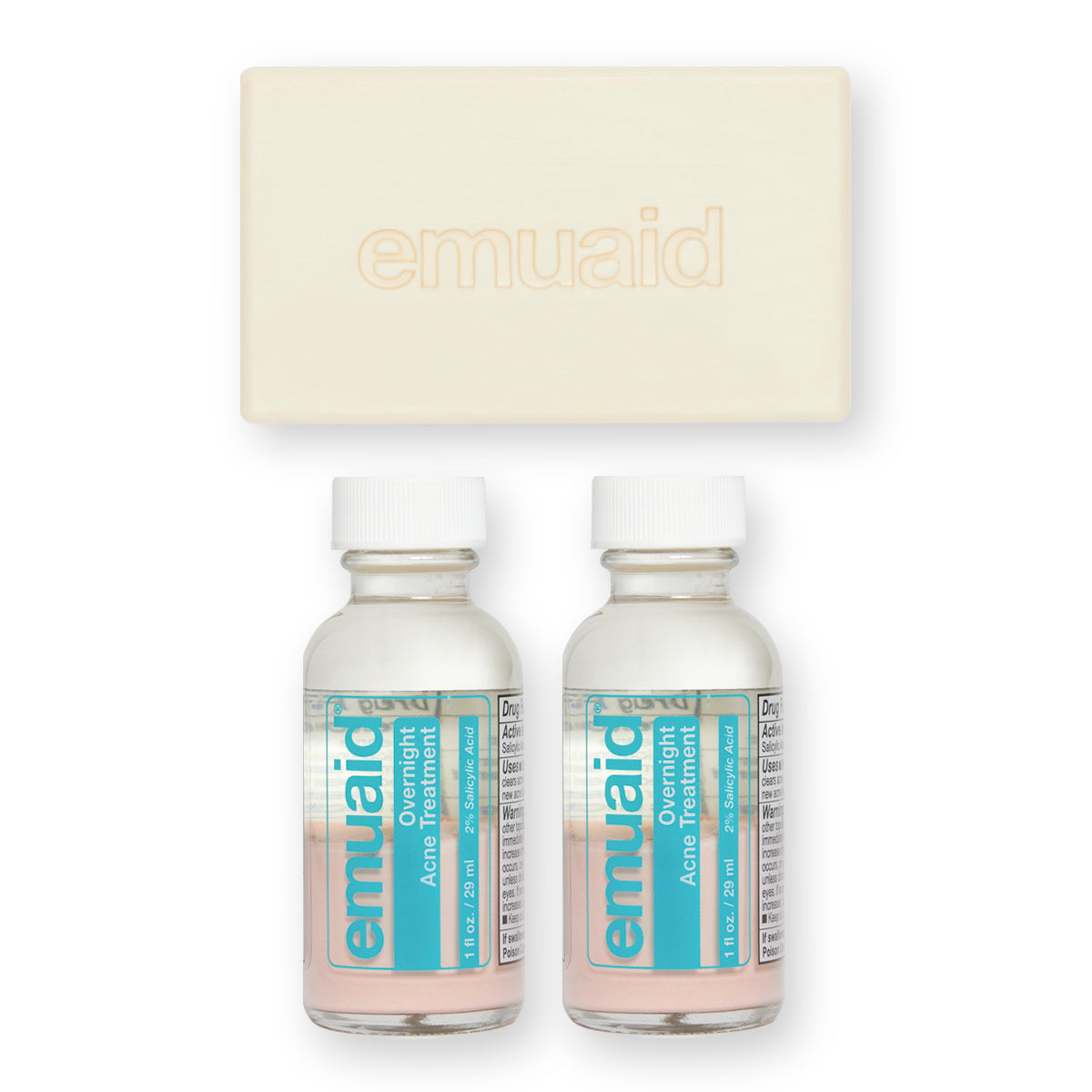 Dies ist ein Bild von 2 Flaschen EMUAID® Overnight Acne Treatment und dem EMUAID® Therapeutic Moisture Bar.